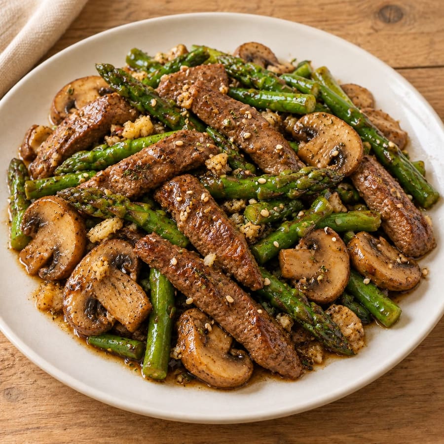 Rindfleisch-Pfanne mit Spargel und Champignons in Sojasauce