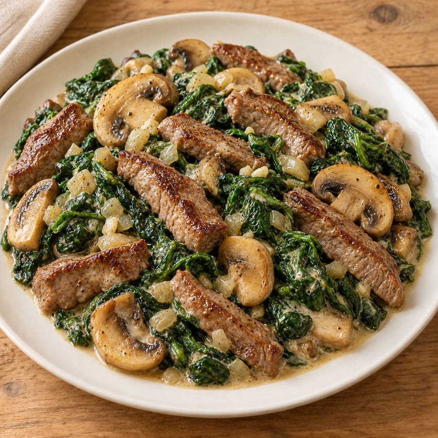 Rindfleisch-Pfanne mit Champignons und Rahmspinat