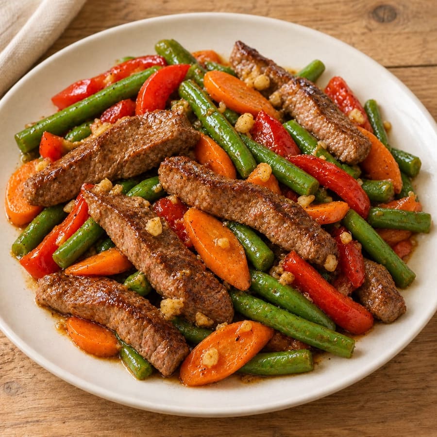 Rindfleisch aus der Pfanne mit grünen Bohnen, Paprika und Karotten