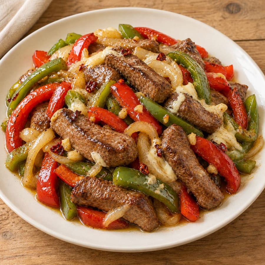 Rindersteak-Pfanne mit Paprika und Mayonnaise