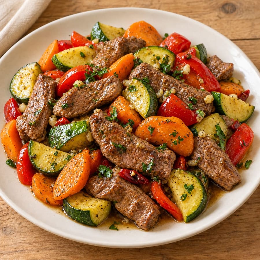 Rindfleisch-Gemüsepfanne mit Paprika, Zucchini und Karotten
