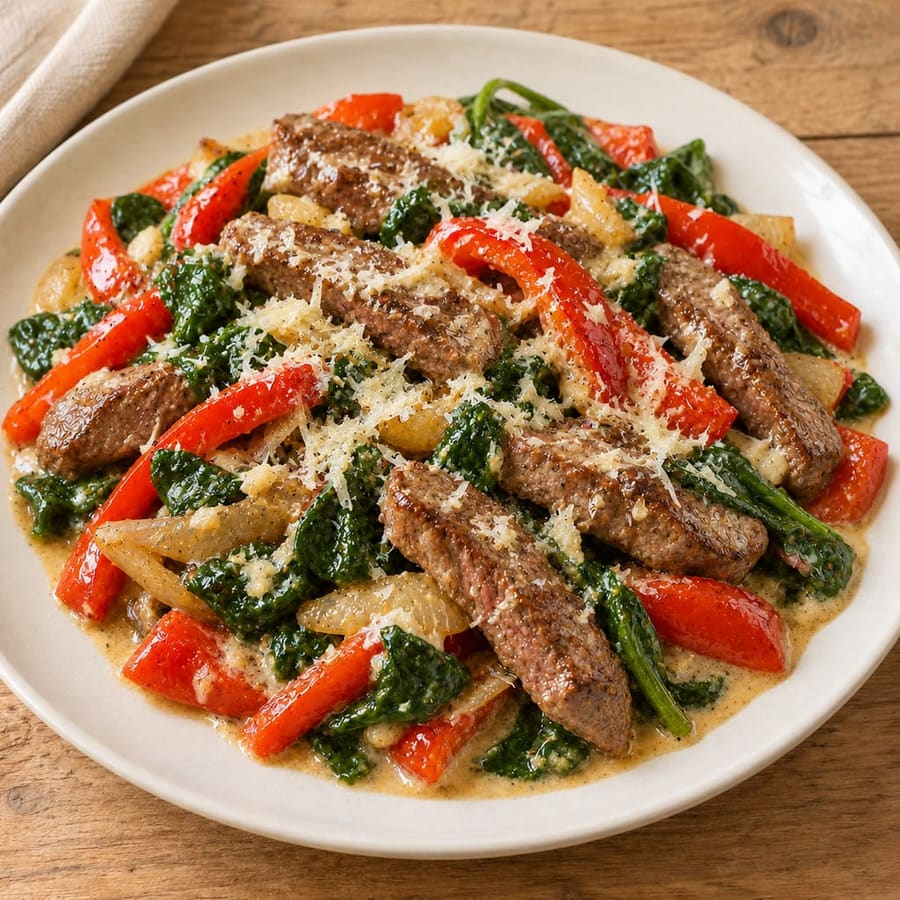 Rindfleischpfanne mit Paprika und Spinat in Frischkäsesauce