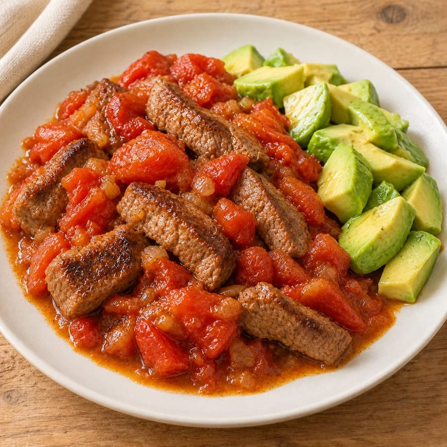 Rindfleisch-Tomaten-Pfanne mit Avocado