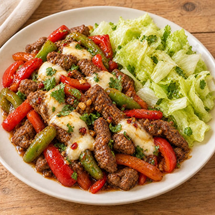 Rinderhack-Pfanne mit Paprika und Mozzarella