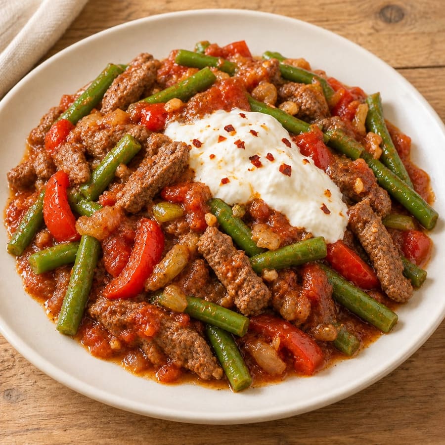 Rinderhack-Pfanne mit grünen Bohnen, Paprika und Joghurt