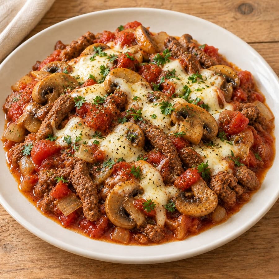 Rinderhack in Tomatensauce mit Champignons und Mozzarella