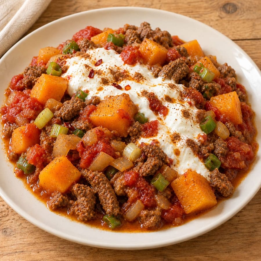 Rinderhack mit Tomate und Butternusskürbis, mit Joghurt