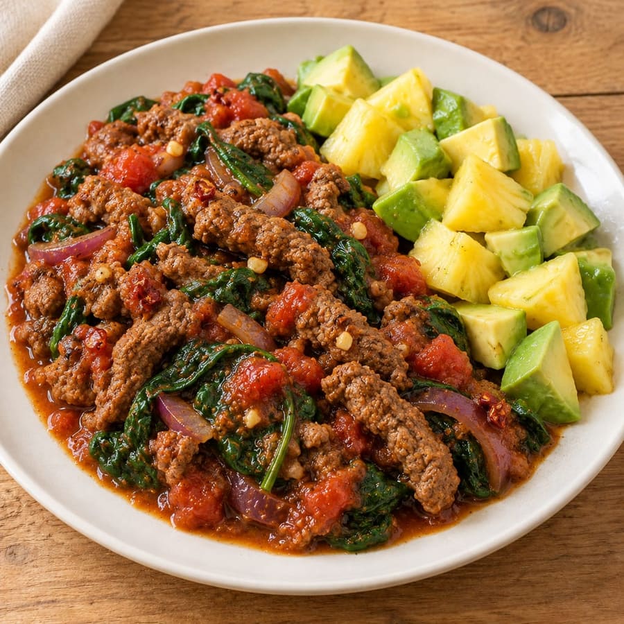 Rinderhack-Pfanne mit Tomaten, Spinat und Ananas