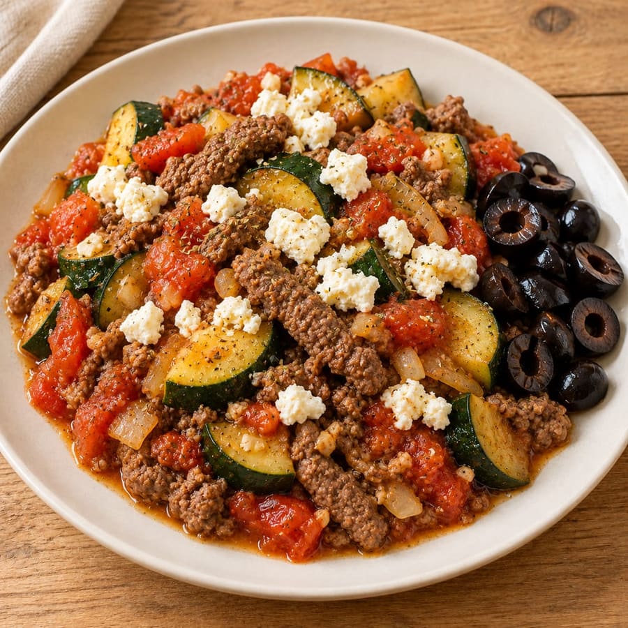 Hackfleischpfanne mit Zucchini, Tomate und Feta