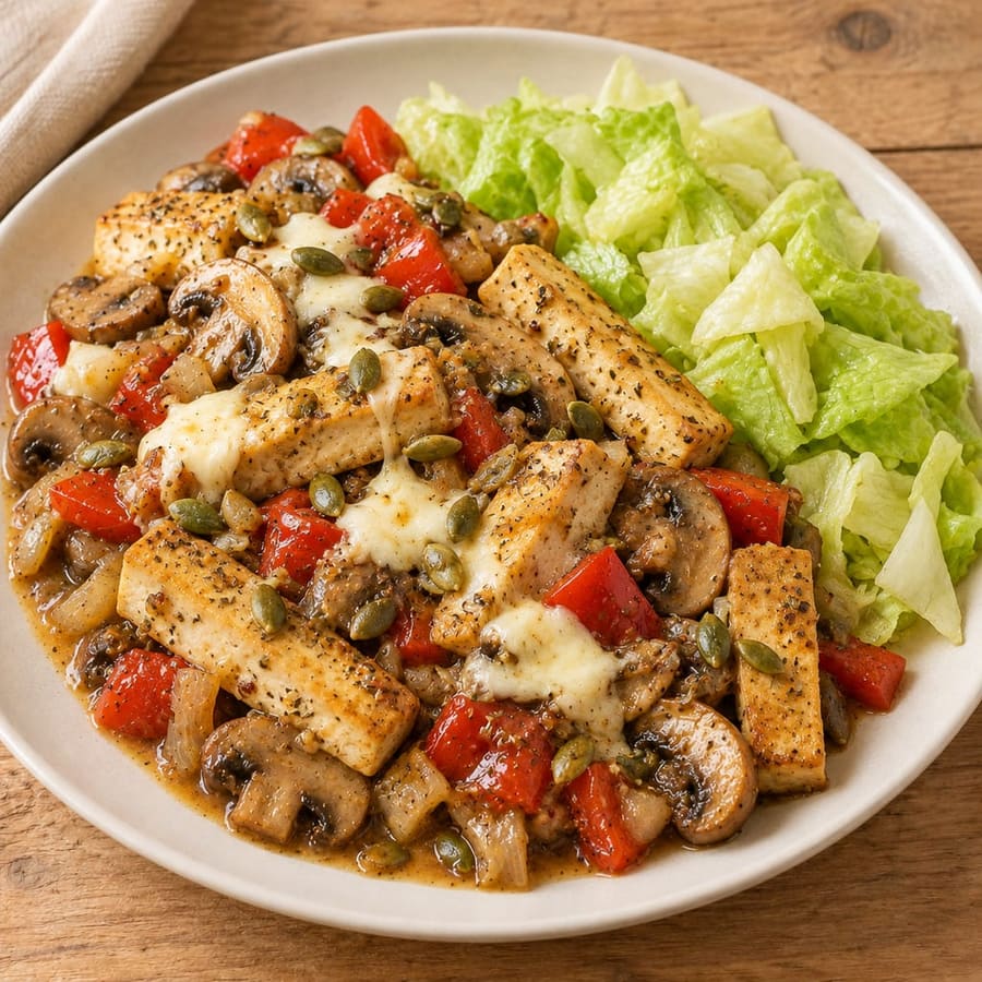 Tofu-Pfanne mit Champignons und Paprika auf Eisbergsalat mit Dijon-Senf