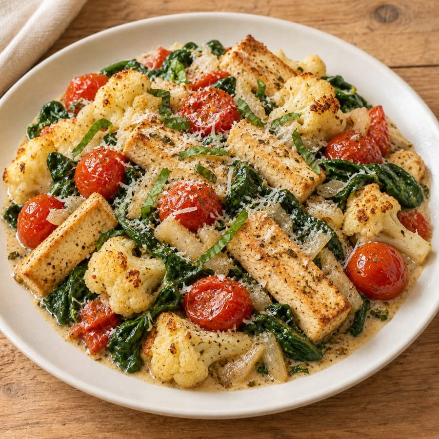 Cremiger Tofu-Pfanne mit Blumenkohl, Kirschtomaten und Spinat