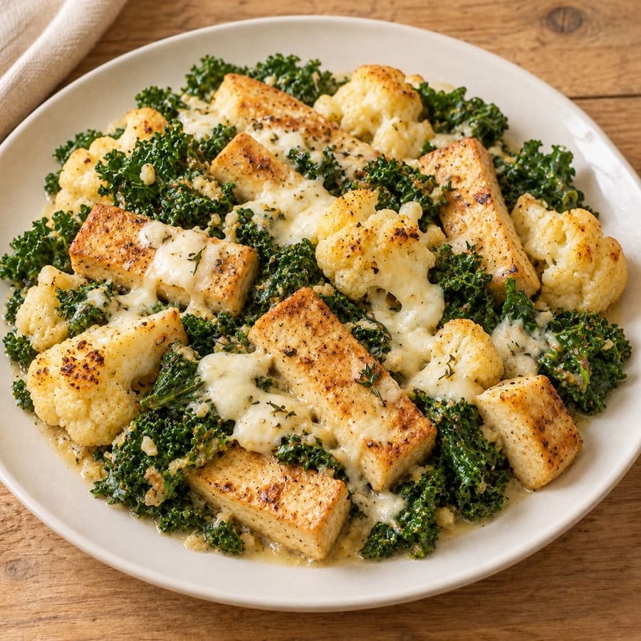 Tofu-Pfanne mit Blumenkohl und Grünkohl in Frischkäsesauce