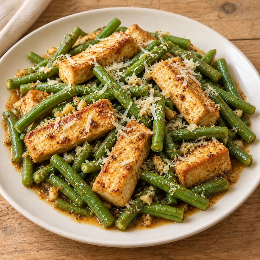 Tofu-Pfanne mit grünen Bohnen und Dijon-Senf