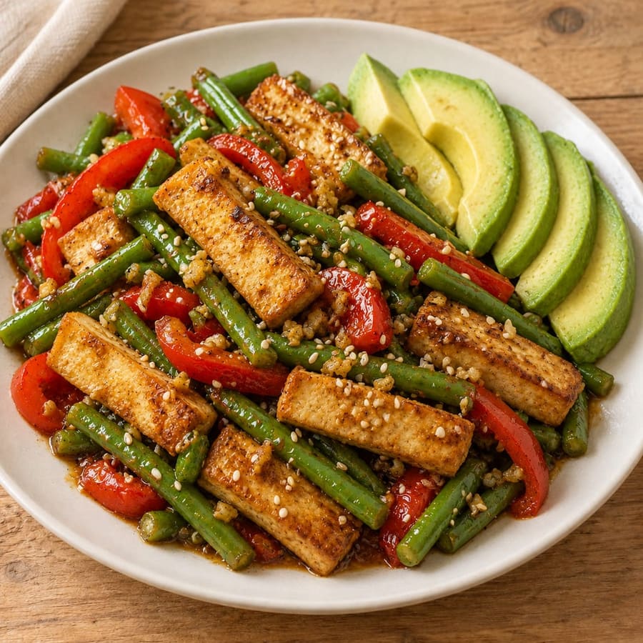 Gebratener Tofu mit grünen Bohnen, Paprika und Ingwer