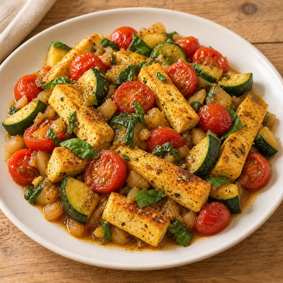 Gebratener Tofu mit Kirschtomaten und Zucchini