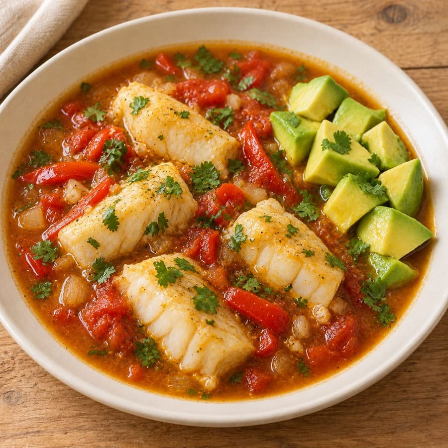 Kabeljausuppe mit Paprika und Tomate