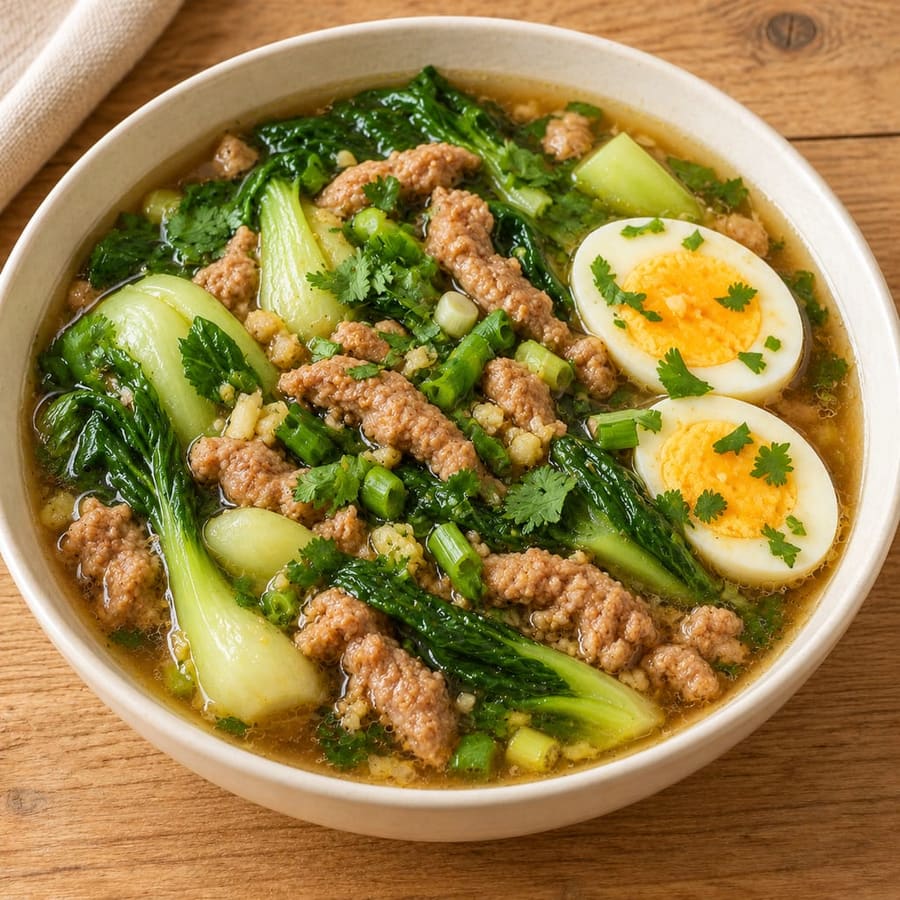 Asiatische Suppe mit Schweinehack und Pak Choi