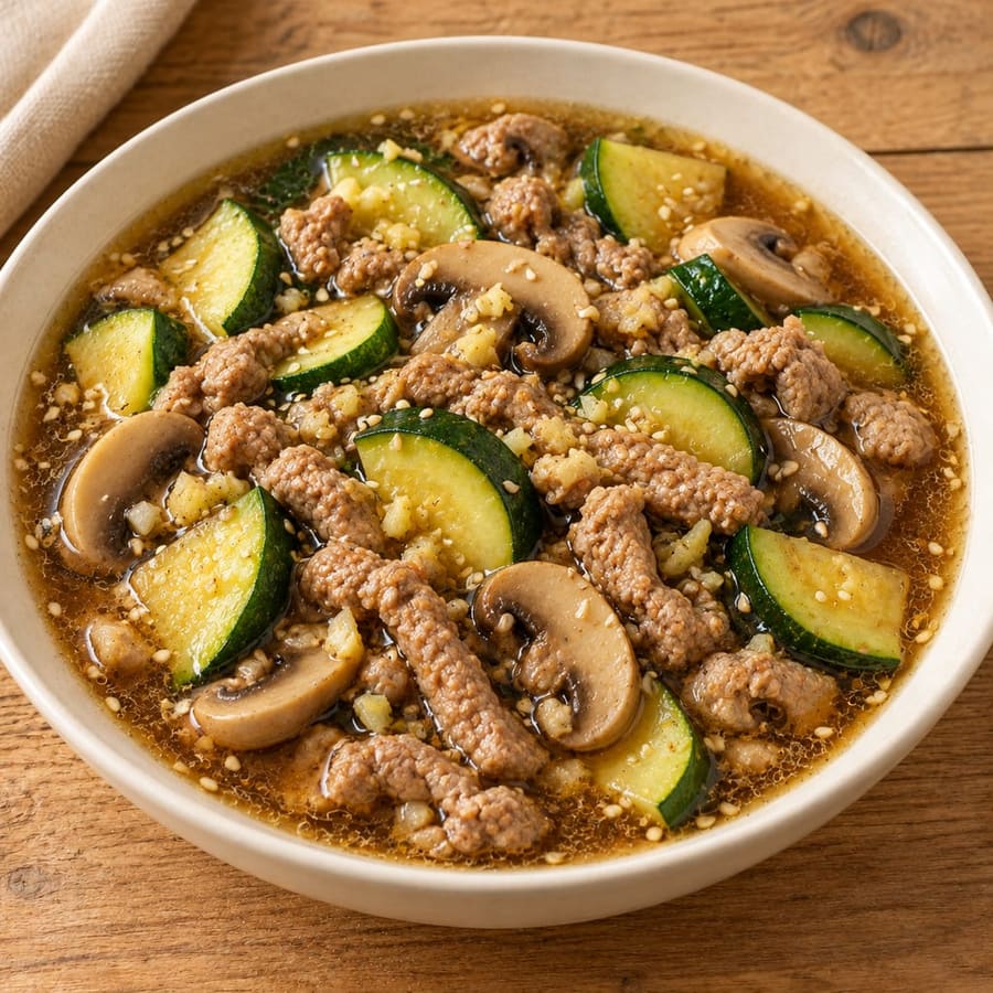 Asiatische Schweinehack-Suppe mit Champignons und Zucchini