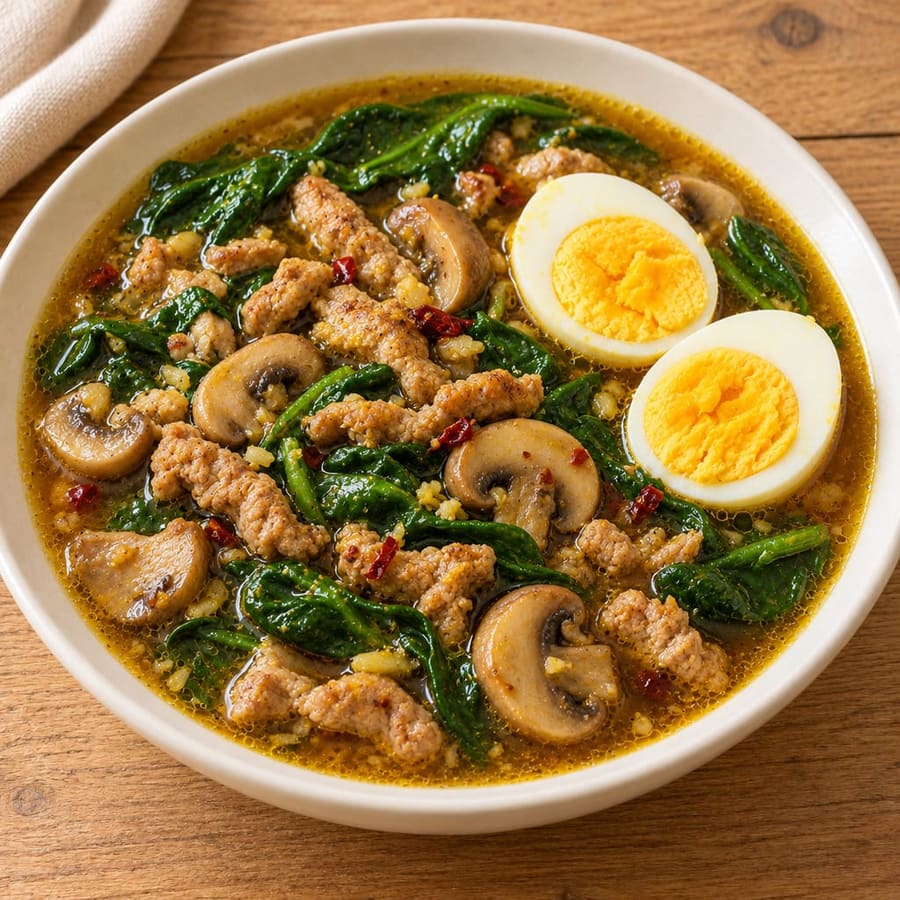 Schweinehack-Suppe mit Champignons und Spinat