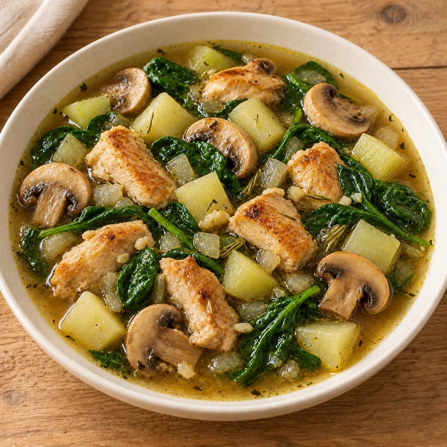 Hähnchensuppe mit Champignons, Kohlrabi und Spinat