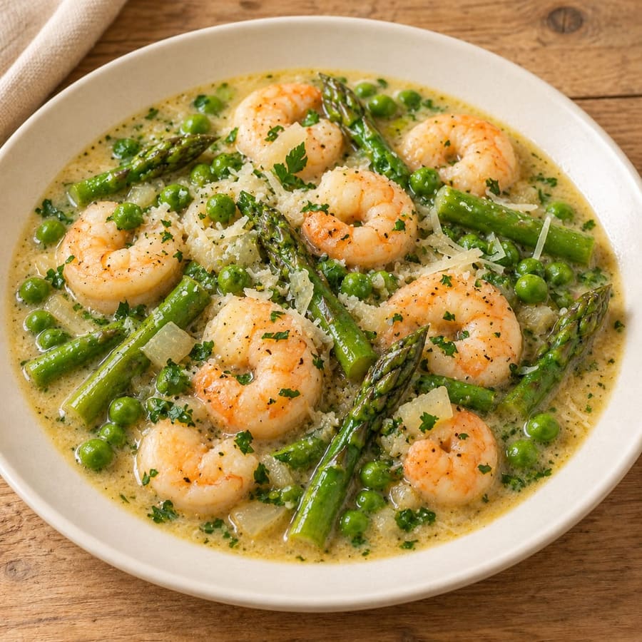 Cremige Garnelensuppe mit grünem Spargel und Erbsen