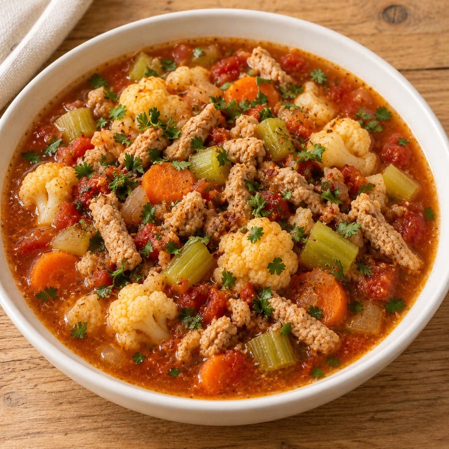 Putensuppe mit Blumenkohl, Sellerie und Tomate