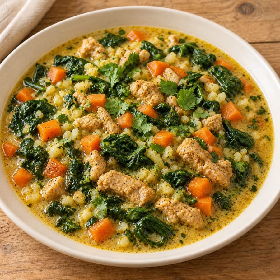 Cremige Putencurrysuppe mit Spinat und Blumenkohl
