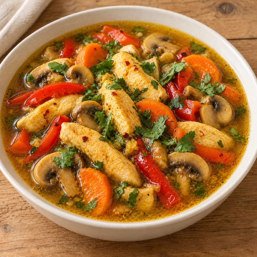 Asiatische Hühnersuppe mit Champignons, Paprika und Karotten