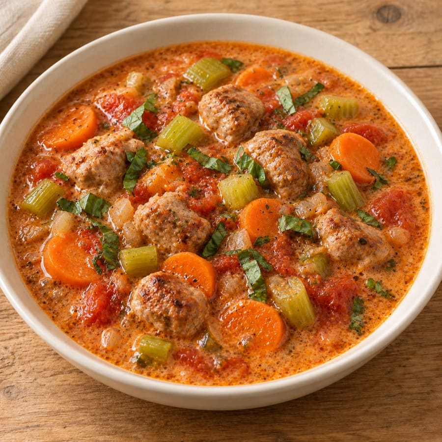 Cremige Wurstsuppe mit Tomate und Gemüse