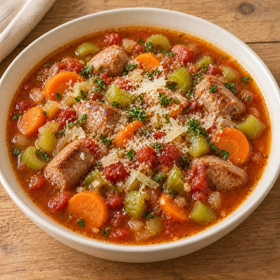 Wurstsuppe mit Tomate, Sellerie und Parmesan