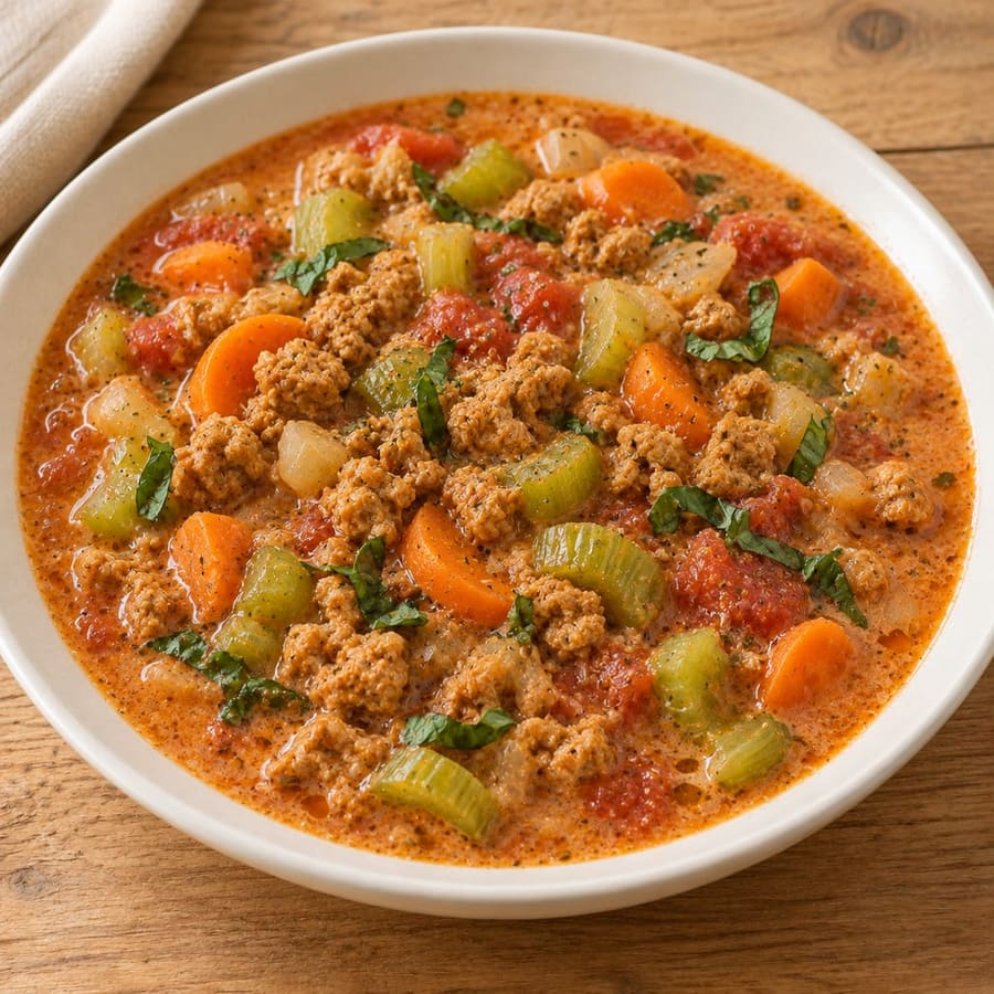 Cremige Sojaschnetzel-Suppe mit Sellerie, Karotten und Tomaten