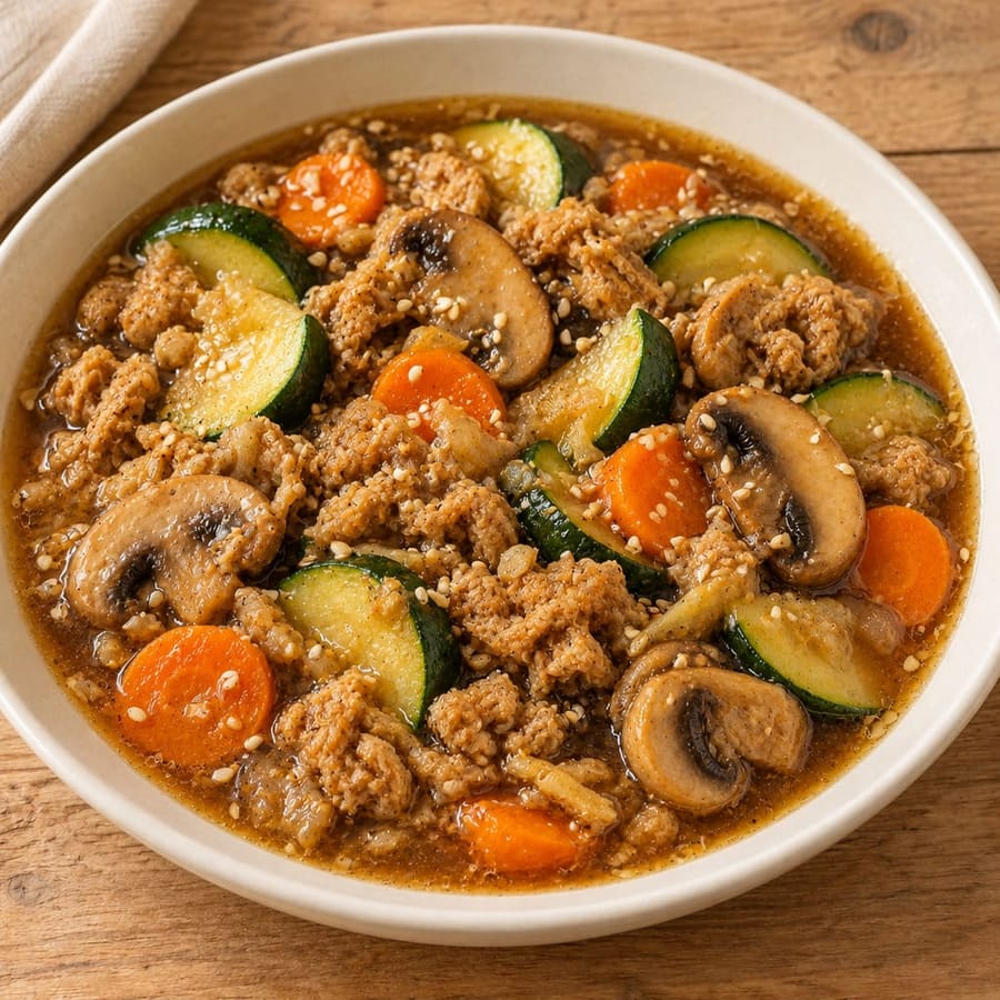 Sojaschnetzel-Suppe mit Champignons und Zucchini