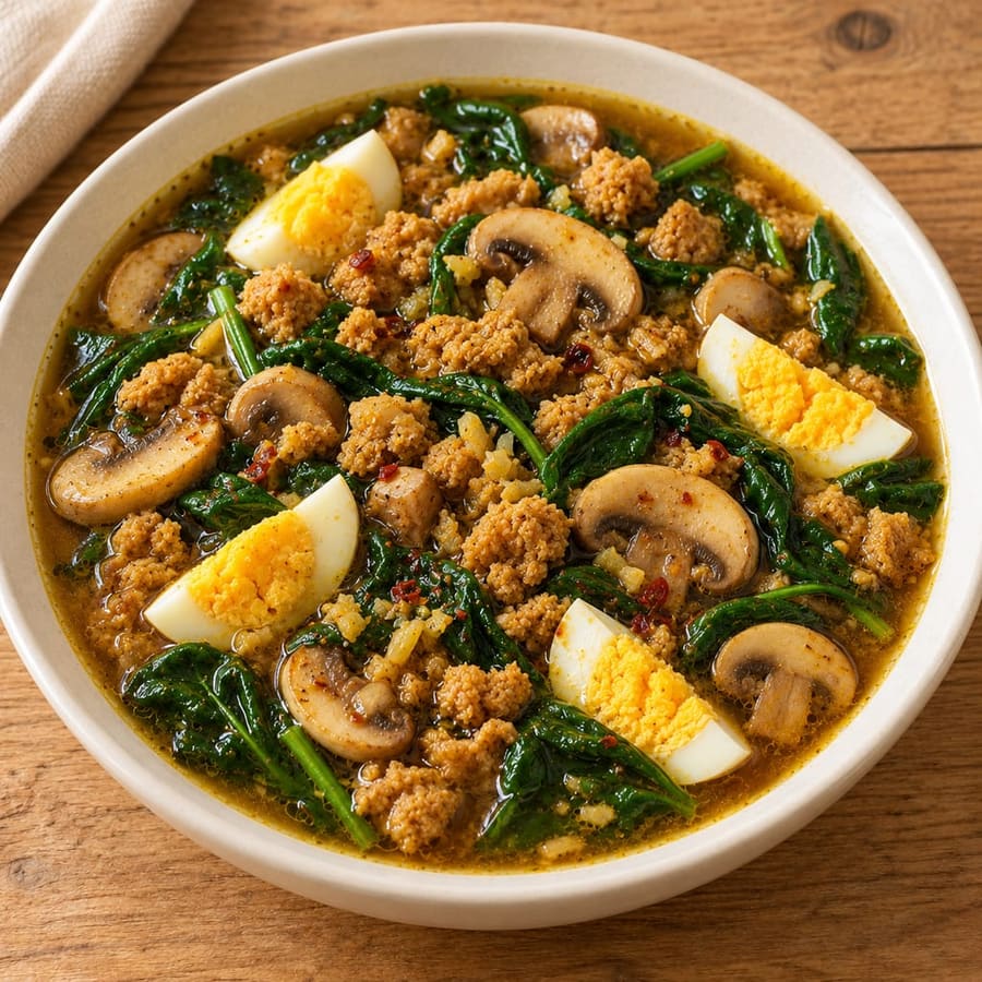 Suppe mit Sojaschnetzeln, Champignons und Spinat