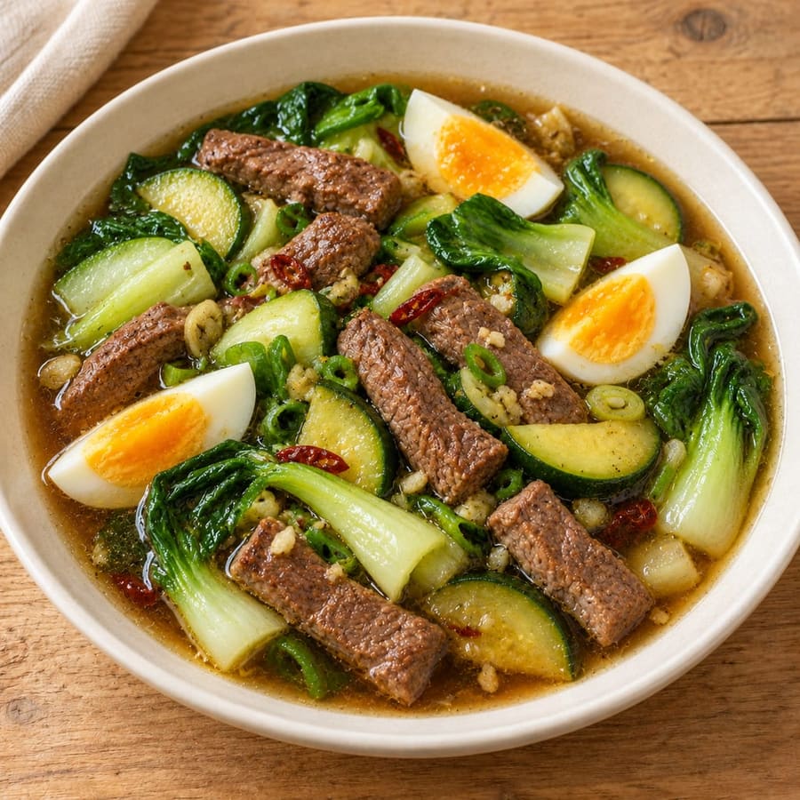Rindfleischsuppe mit Pak Choi und Zucchini
