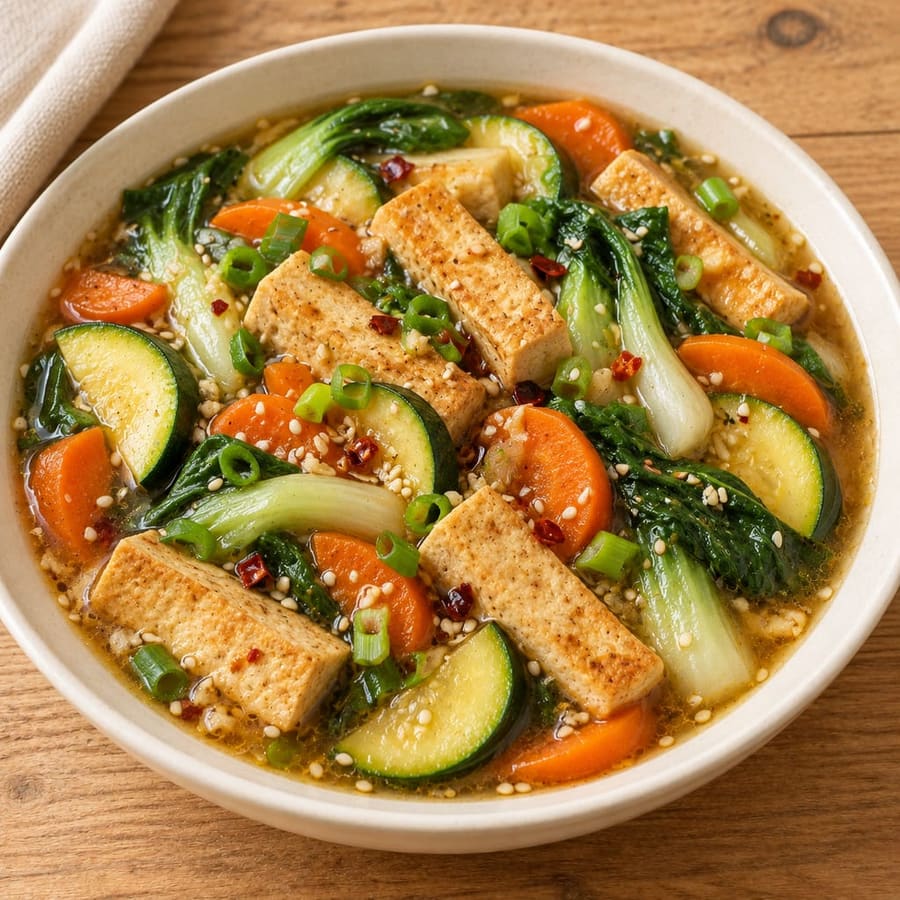 Tofusuppe mit Pak Choi, Zucchini und Karotten