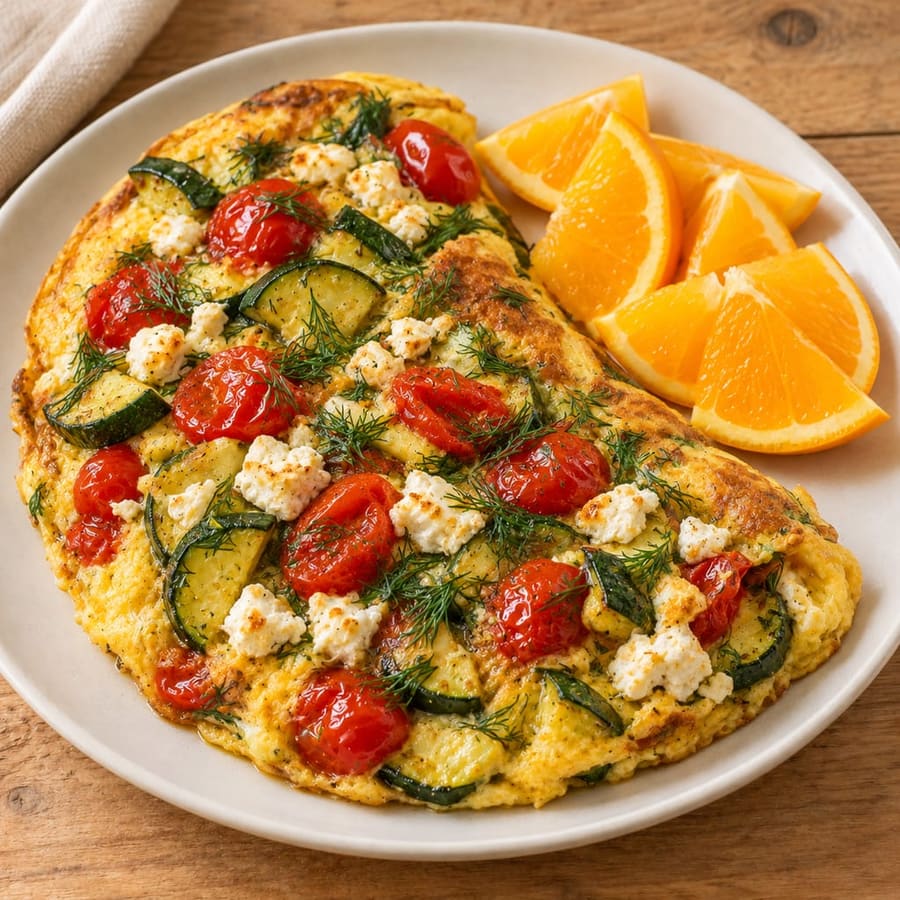 Omelett mit Zucchini, Kirschtomaten und Feta
