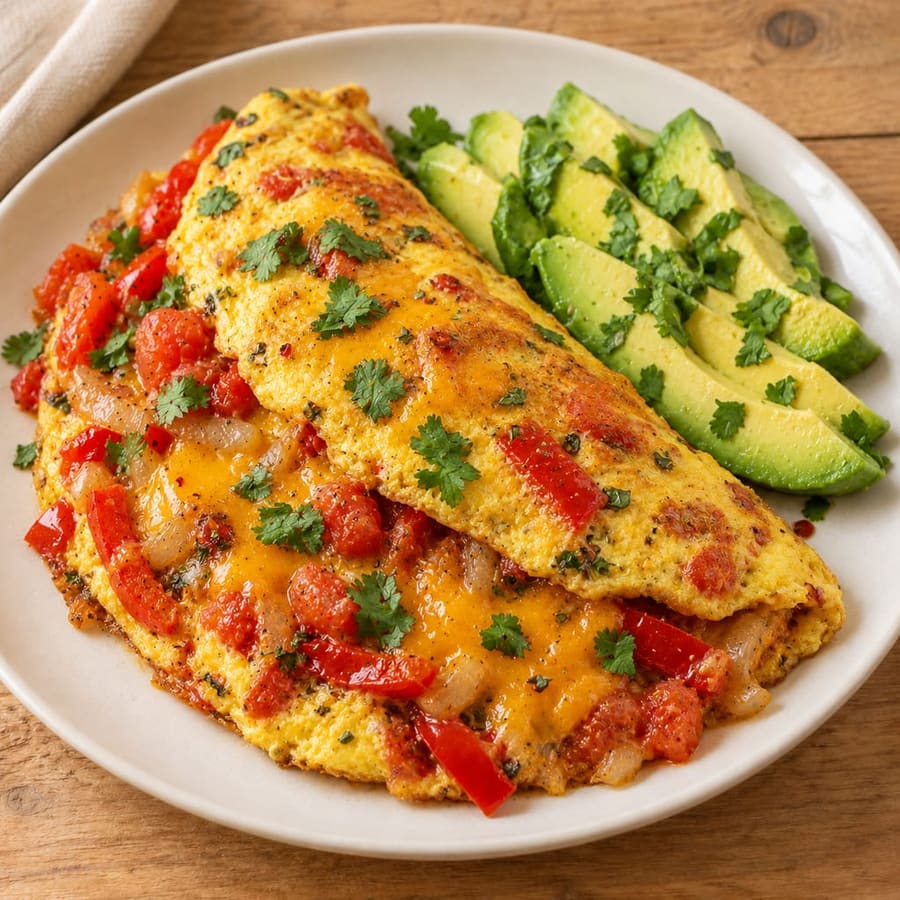 Omelett mit Paprika und Tomate, Limette und Cheddar