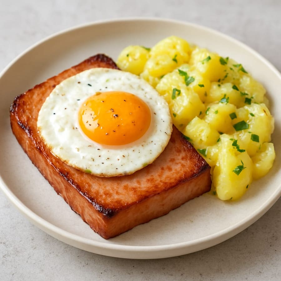 Leberkäse mit Spiegelei und Kartoffelsalat