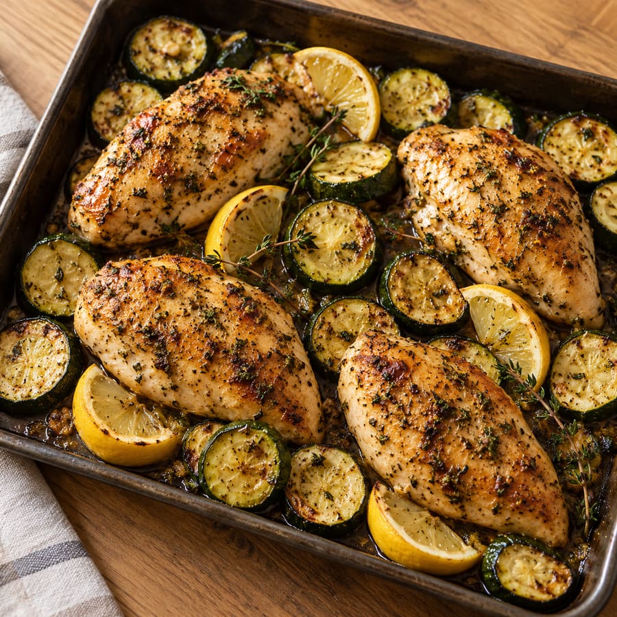Zitronen-Thymian-Hähnchen mit Zucchini aus dem Ofen