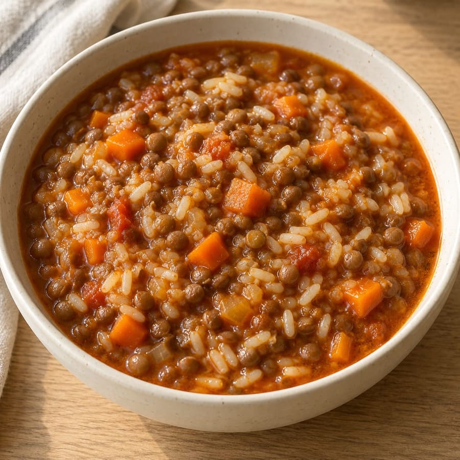 Linsen mit Reis, Möhre und Tomate