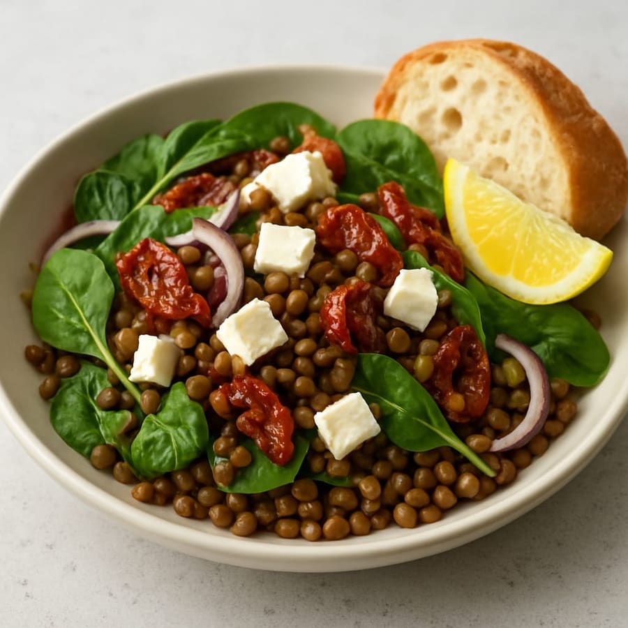 Linsensalat mit Feta, getrockneten Tomaten und Spinat