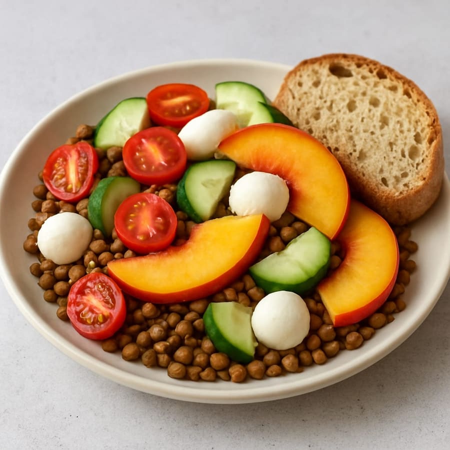 Linsensalat mit Mozzarella, Kirschtomaten, Gurke und Pfirsich