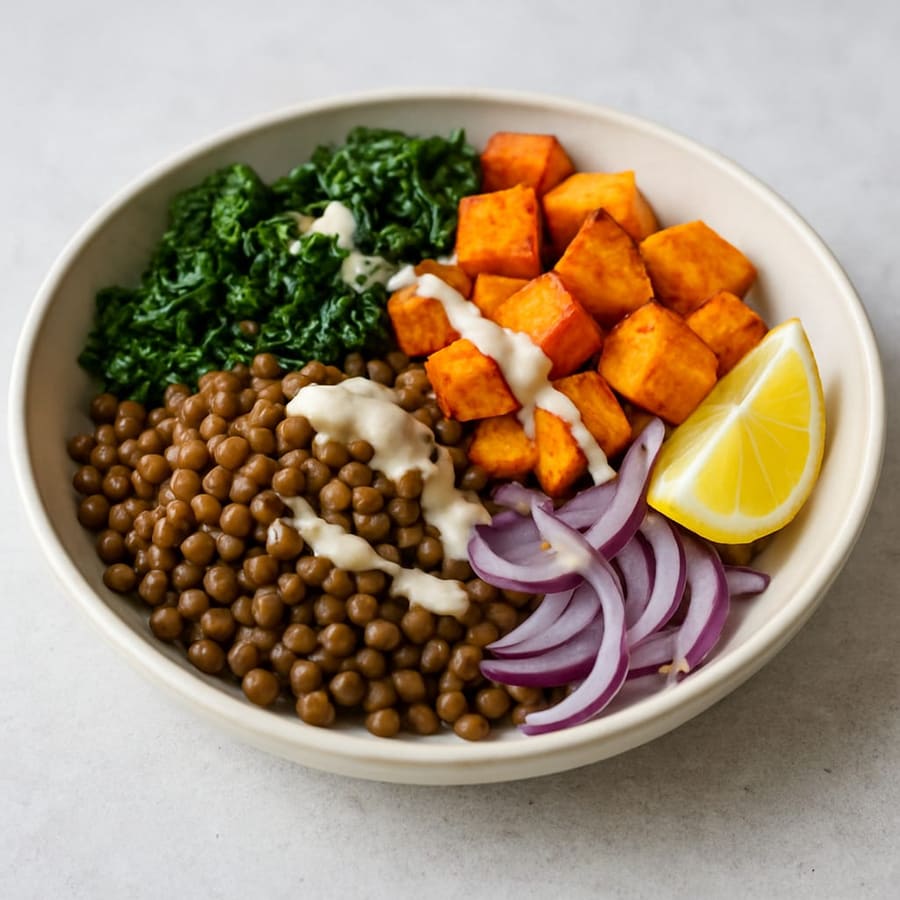 Linsen-Bowl mit gebackener Süßkartoffel, Grünkohl und Tahini-Dressing