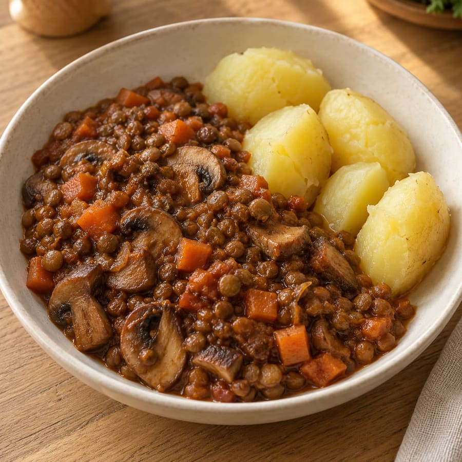 Linsen-Pilz-Ragout mit Thymian und Salzkartoffeln