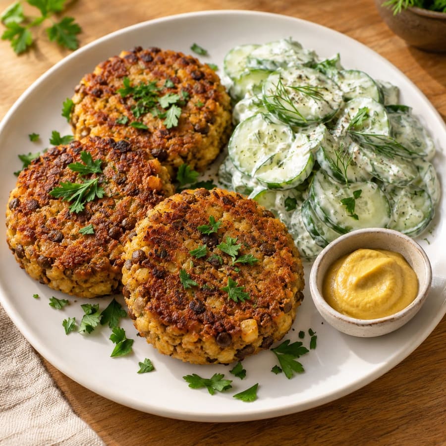 Linsen-Tofu-Bratlinge mit Gurkensalat