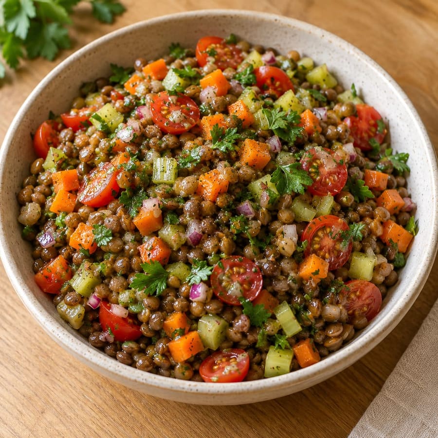 Warmer Linsensalat mit Karotte, Sellerie und Senf-Vinaigrette