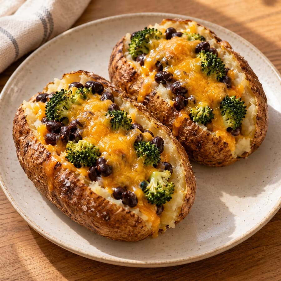 Gefüllte Ofenkartoffeln mit schwarzen Bohnen, Brokkoli und Cheddar
