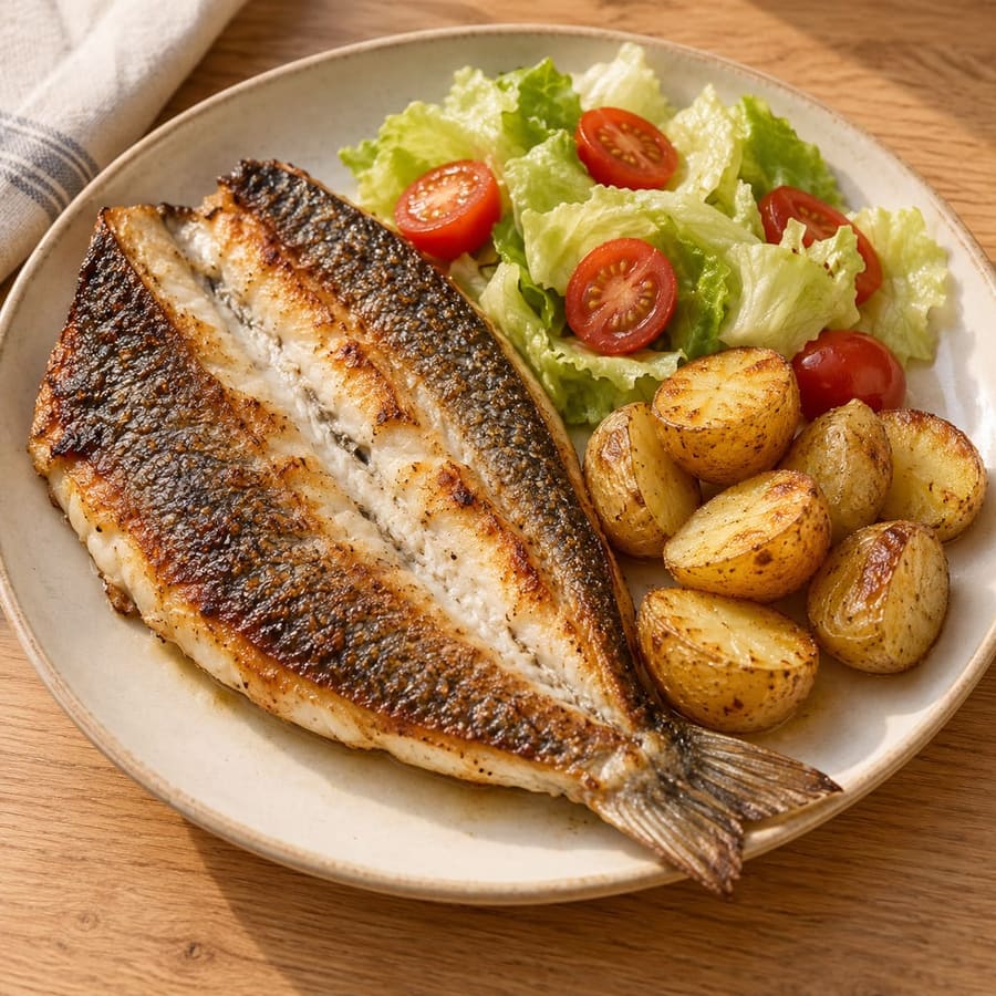 Lubina a la espalda: Wolfsbarsch mit Zitronen-Knoblauch-Kartoffeln und Salat