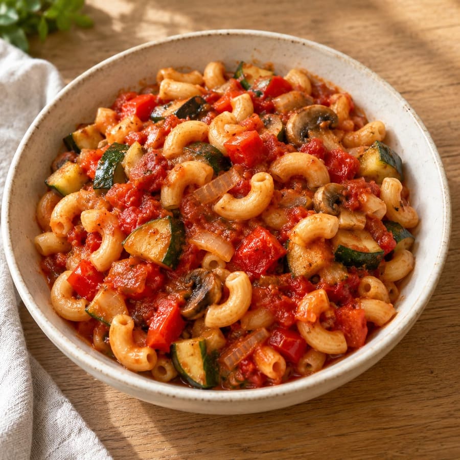 Makkaroni mit Tomatensoße, Zucchini, Paprika und Champignons