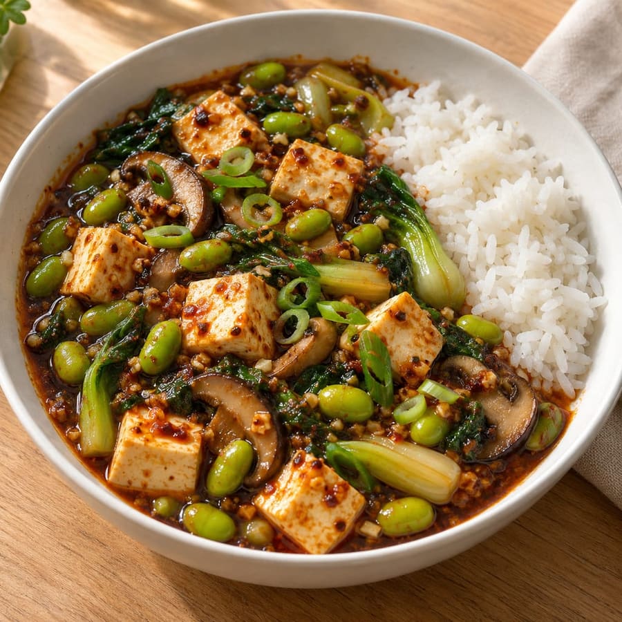 Mapo tofu con edamame